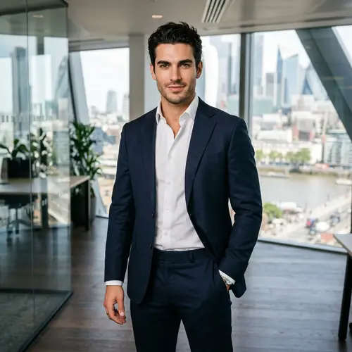 Stylish Caucasian Male in Navy Business Suit