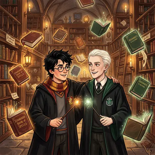 Drarry Illustration: Wizardly Camaraderie in Magical Library