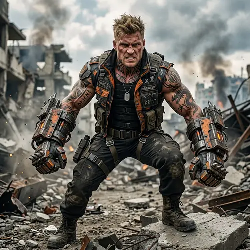 Bakugou Tattoos: Muscular Man in Military Outfit with Gauntlets