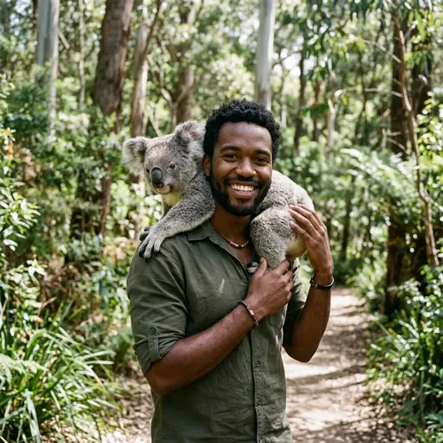 Dark-Skinned Man with Koala on Shoulders