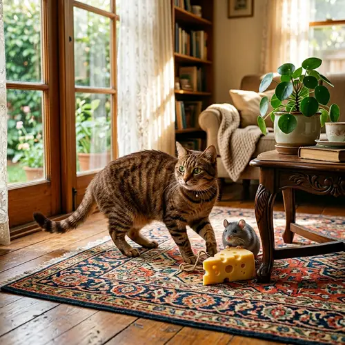 Realistic Cat Playing with Chubby Mouse in a Homely Environment