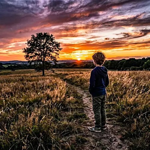 Captivating Sunset Scene with Young Boy in Open Field
