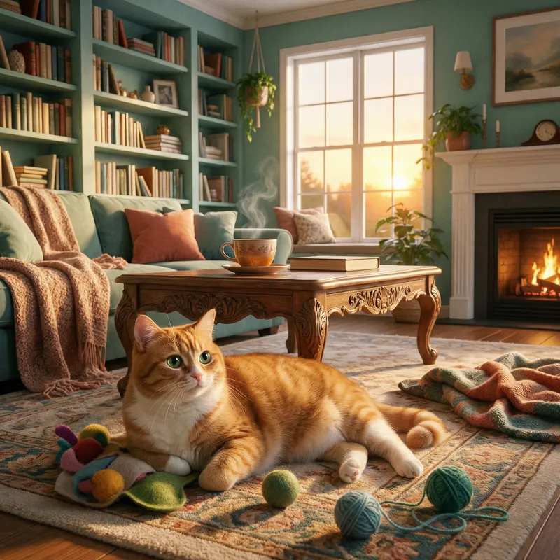 Cozy Vibes: Chubby Cat in Warm Indoor Scene
