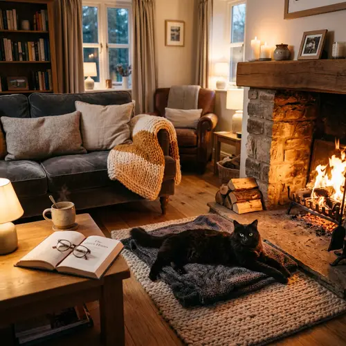 Cozy Living Room vibes with a Black Cat | Tranquil Setting