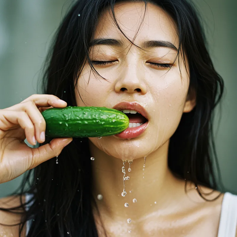 Realistic Image of East Asian Woman with Cucumber