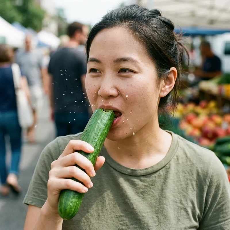 Realistic Image of East Asian Woman with Cucumber