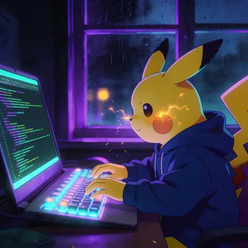 Pikachu in Hoodie Coding: Cinematic Anime Loop