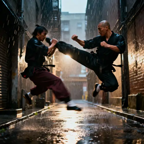 Dramatic Martial Arts Kick Exchange in Rainy Alley