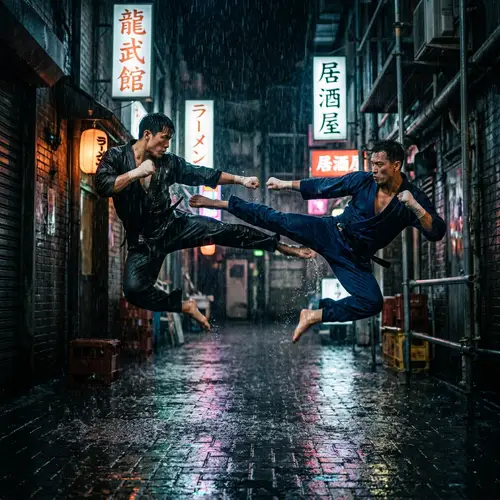 Dramatic Martial Arts Kick Exchange in Rainy Alley