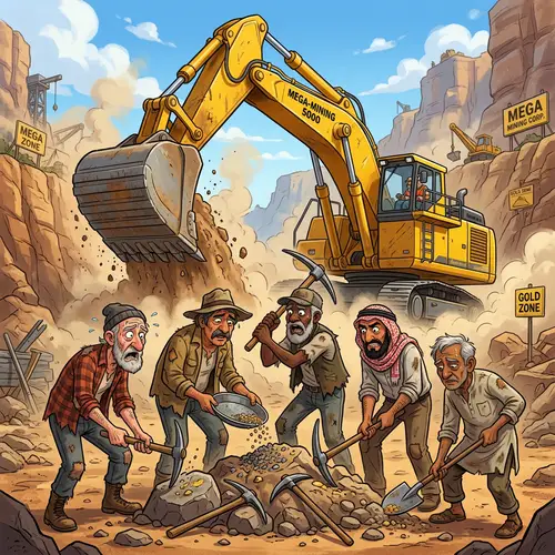 Humorous Cartoon: Old Men vs. Oversized Excavator in Mining Race