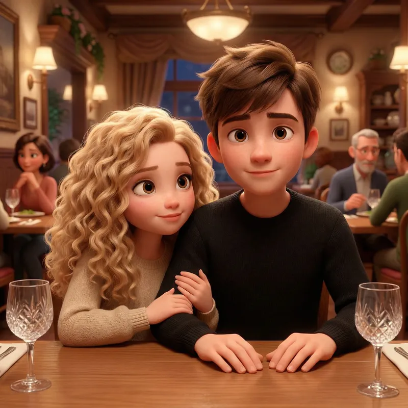 Disney Pixar-Inspired Couple at a Restaurant