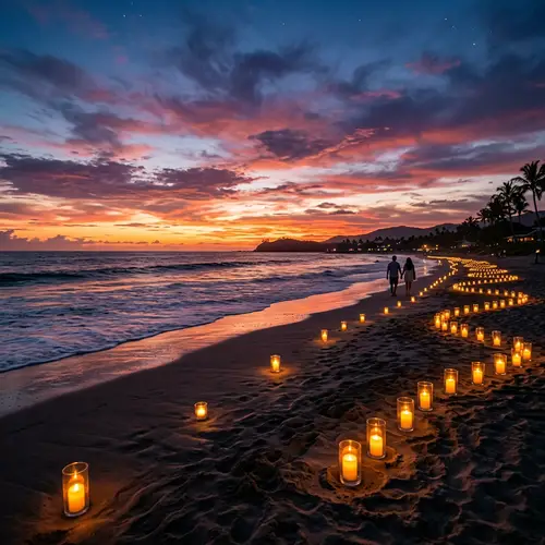 Tranquil Beachscape at Dusk with LED Candle Illumination