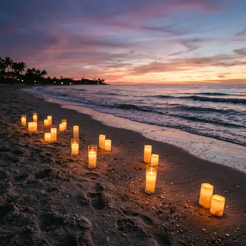 Serenity at Dusk: LED Candles on Sandy Beach