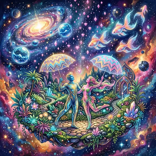 Celestial Garden with Titanium Planets and Pink Diamonds