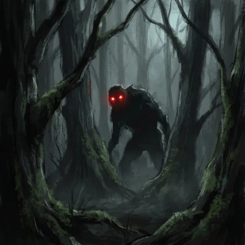 Shadowy Creature in Dark Forest - Horror Art