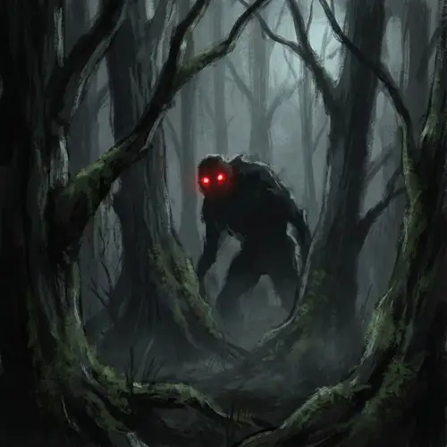 Shadowy Creature in Dark Forest - Horror Art