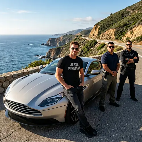 Scenic Ocean View with Luxury Car and Jesse Pinkman Shirt