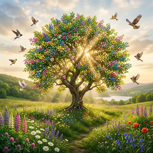 Symbolic Healing Imagery: Tree of Vitality, Sun Rays, and Birds of Resilience