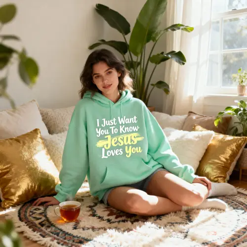 Cozy Room with Uplifting Jesus Hoodie