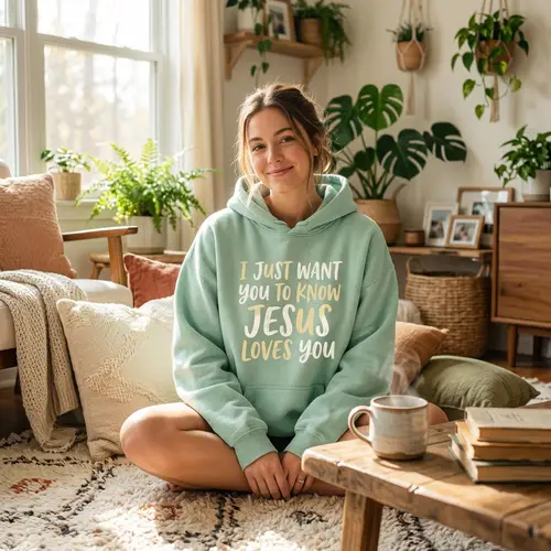Cozy Room with Uplifting Jesus Hoodie