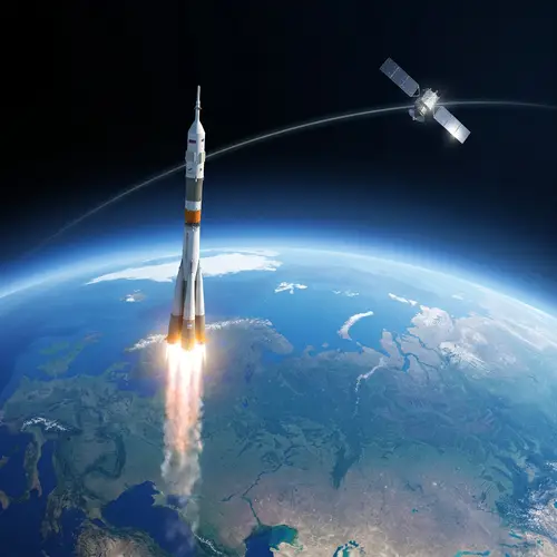 Russian Space Mission: Rocket Launch and Satellite in Earth's Orbit