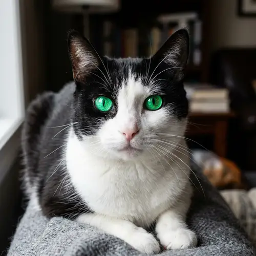 Dynamic Black and White Feline with Emerald Green Eyes