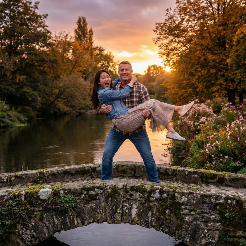 Playful Moment on a Rustic Bridge