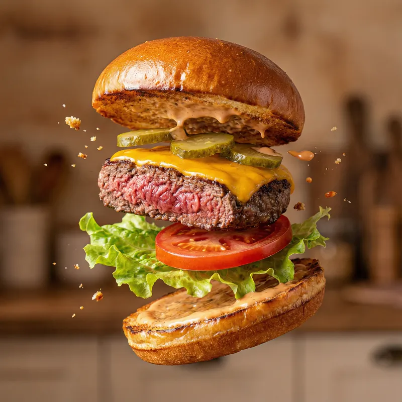 Juicy Mid-Air Burger: A Delicious Visual Delight