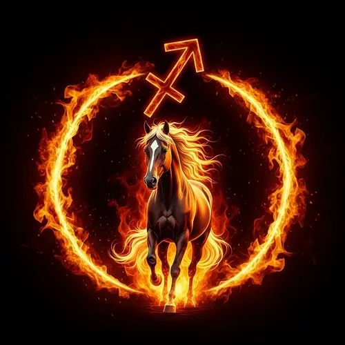 Majestic Horse Surrounded by Fiery Flames and Sagittarius