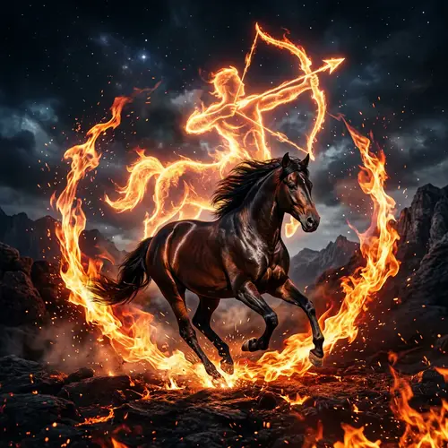 Majestic Horse Surrounded by Fiery Flames and Sagittarius