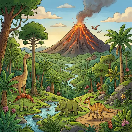 Cartoon Prehistoric Landscape with Erupting Volcano