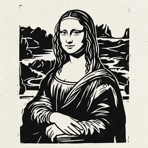 Mona Lisa Inspired Female Figure in Linocut Style