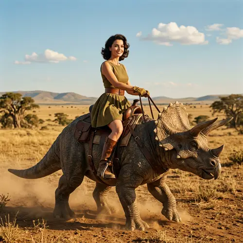 Sophia Loren Riding Dinosaur in Bell Minidress