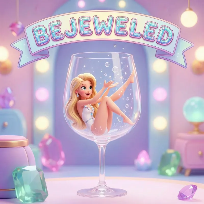 Blonde Woman in White Swimsuit Inside Champagne Glass - Bejeweled Scene