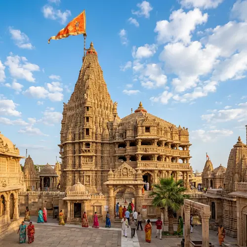 Dwarkadhish Temple | Carved Sandstone Exterior Against Blue Sky