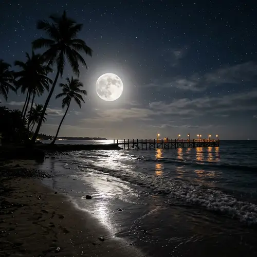 Nocturnal Full Moon Beachscape | Serene Night-time Beauty