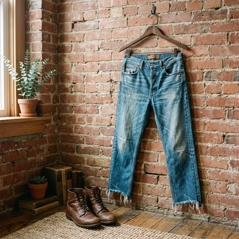 Aesthetic Blue Denim Jeans on Wooden Hanger