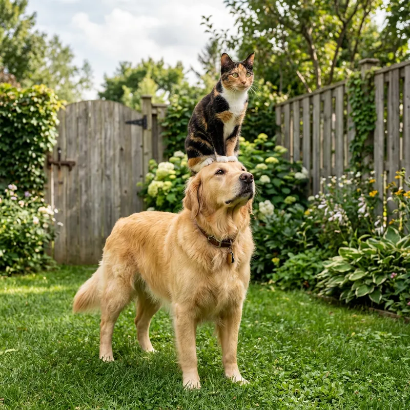 Cat and Dog Harmony: Unusual Friendship Captured in Backyard Scene