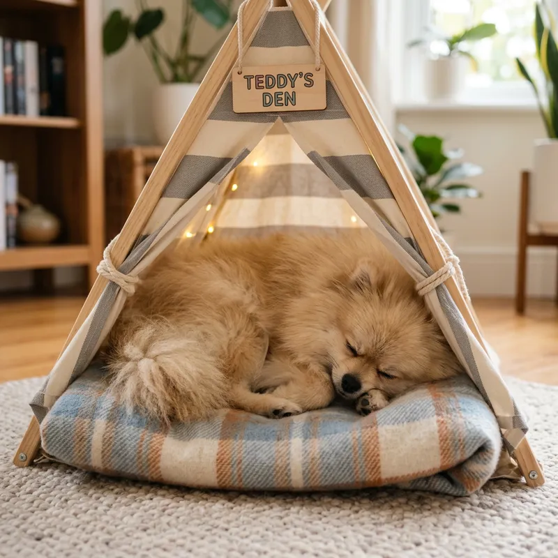 Adorable Pomeranian Sleeping in Cozy Tent Adorable Pomeranian Sleeping in Cozy Tent