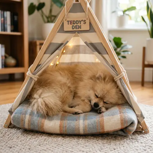 Fluffy Pomeranian Dog Sleeping Comfortably in Small Tent
