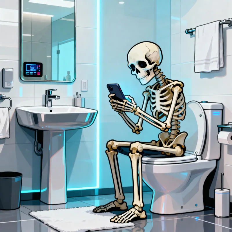 Humorous Skeleton on a Modern Toilet Humorous Skeleton on a Modern Toilet