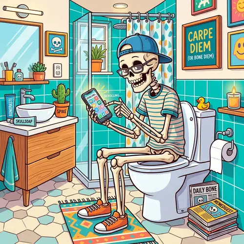 Humorous Skeleton on a Modern Toilet