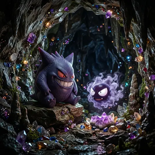 Gengar and Gastly in a Stunning Cave Scene