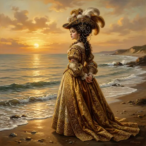 Captivating Baroque-Style Portrait of a Radiant Woman by the Sea