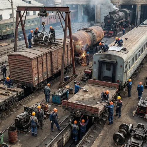 Almaty Depot: Diverse Workers Repairing Old-Fashioned Railway Wagons