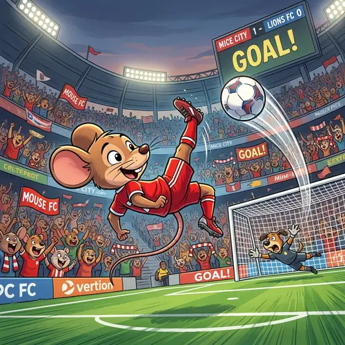Cartoon Mouse Bicycle Kick at Soccer Stadium - Exciting Moment Captured