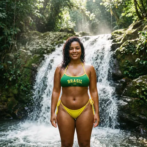 Confident Woman at Tropical Waterfall in Brazil