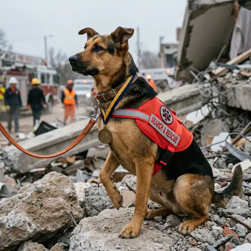 Alert Rescue Dog with Red Vest and Medal | Ready to Jump into Action