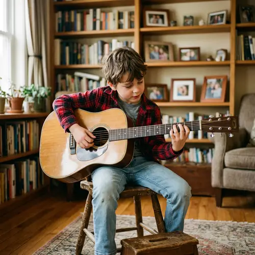 Passionate Young Boy Playing Acoustic Guitar in Cozy Room