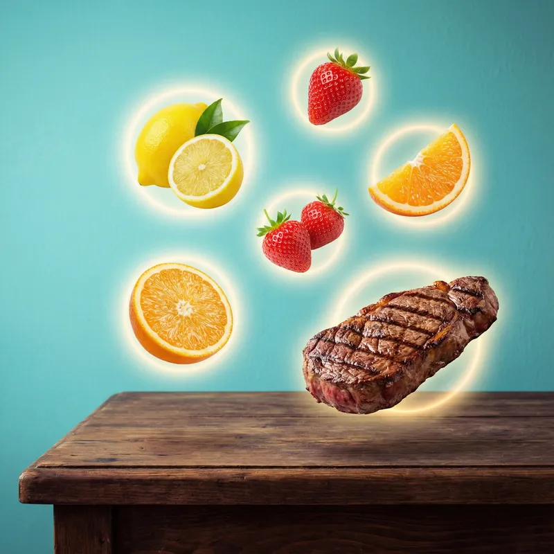 Abstract Food Art: Levitating Fruits and Steak on Wooden Table